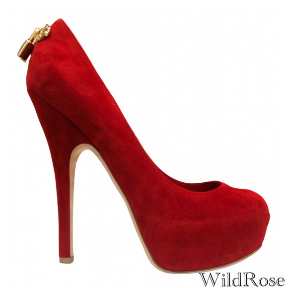 Louis Vuitton Shoes - LOUIS VUITTON Sultry Red Suede “Oh Really” Peep Toe LV Gold Padlock Pumps SZ 36